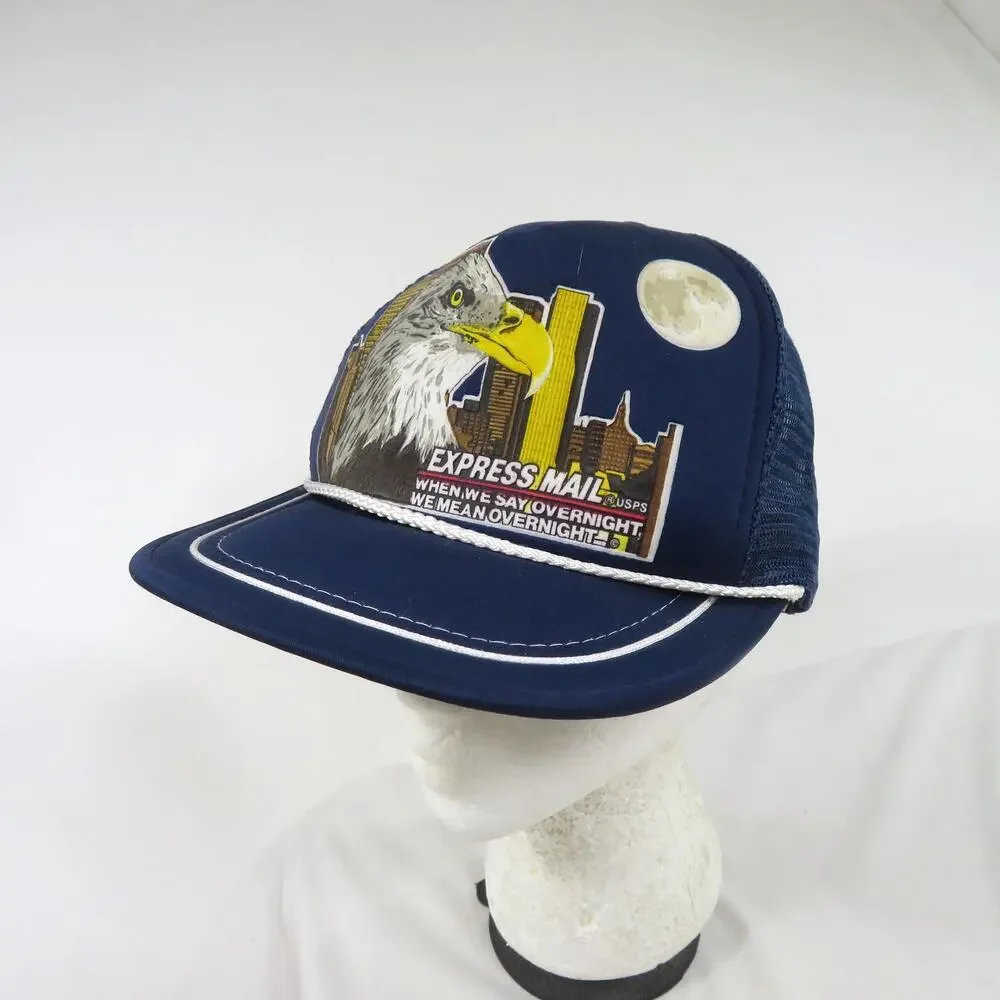 Express Mail Golf Rope Hat Eagle City Moon Graphic Cap Blue White Snapback 1990s